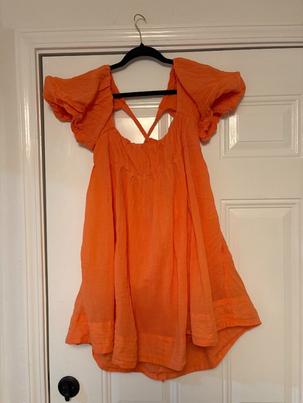 Free People Violet Mini Dress Bright Orange Puff Sleeve Gauze Babydoll